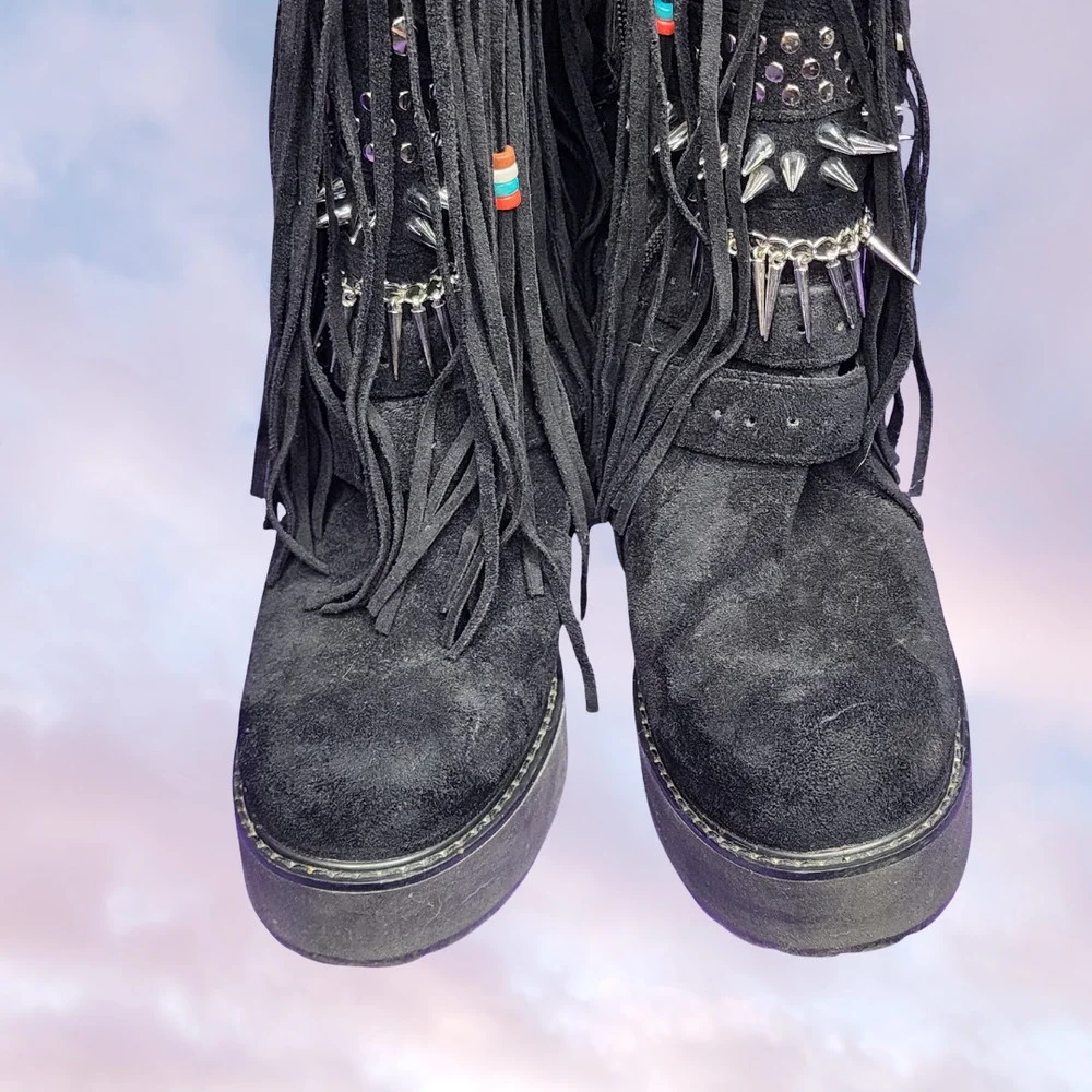 Current Mood Blackhawk Sedona Wedge Boots Black Fringe Rave Boho Black Womens 7M